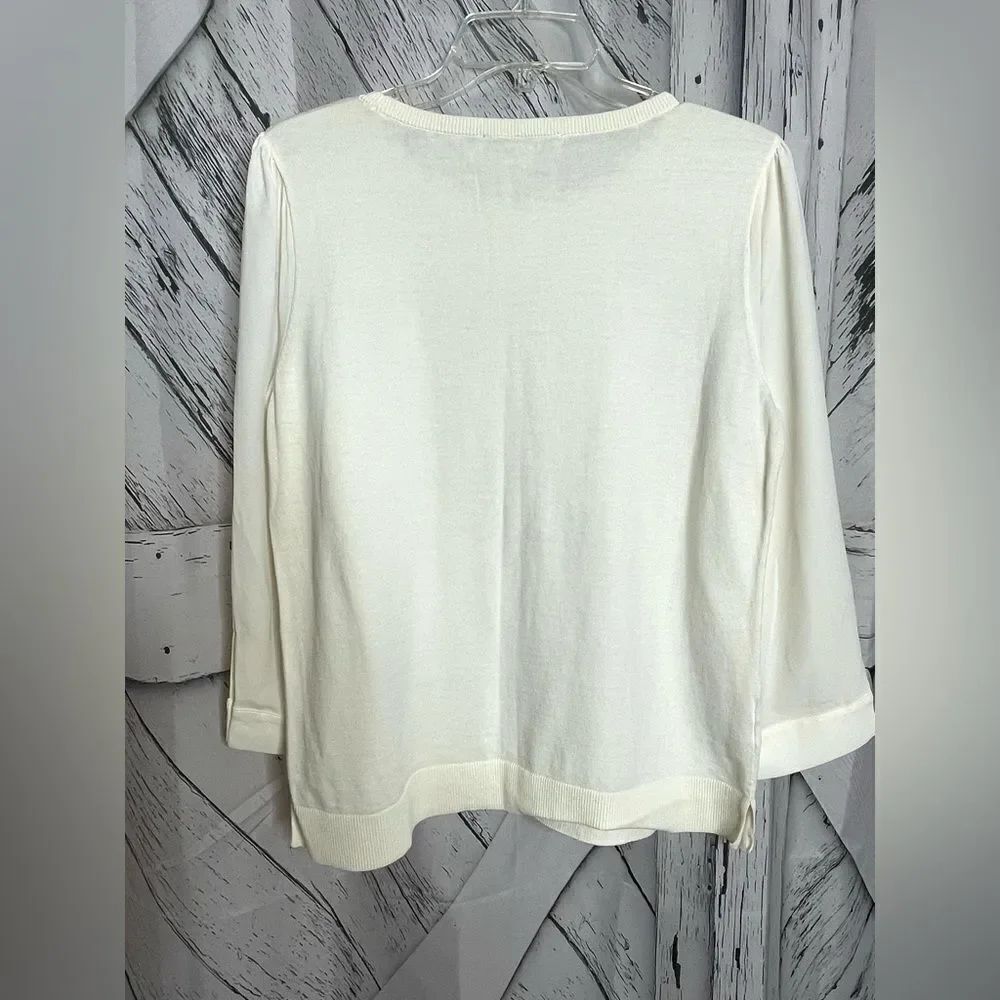 Loft Ivory Cotton Crewneck Sweater with Polyester Sleeves L - Picture 2 of 7